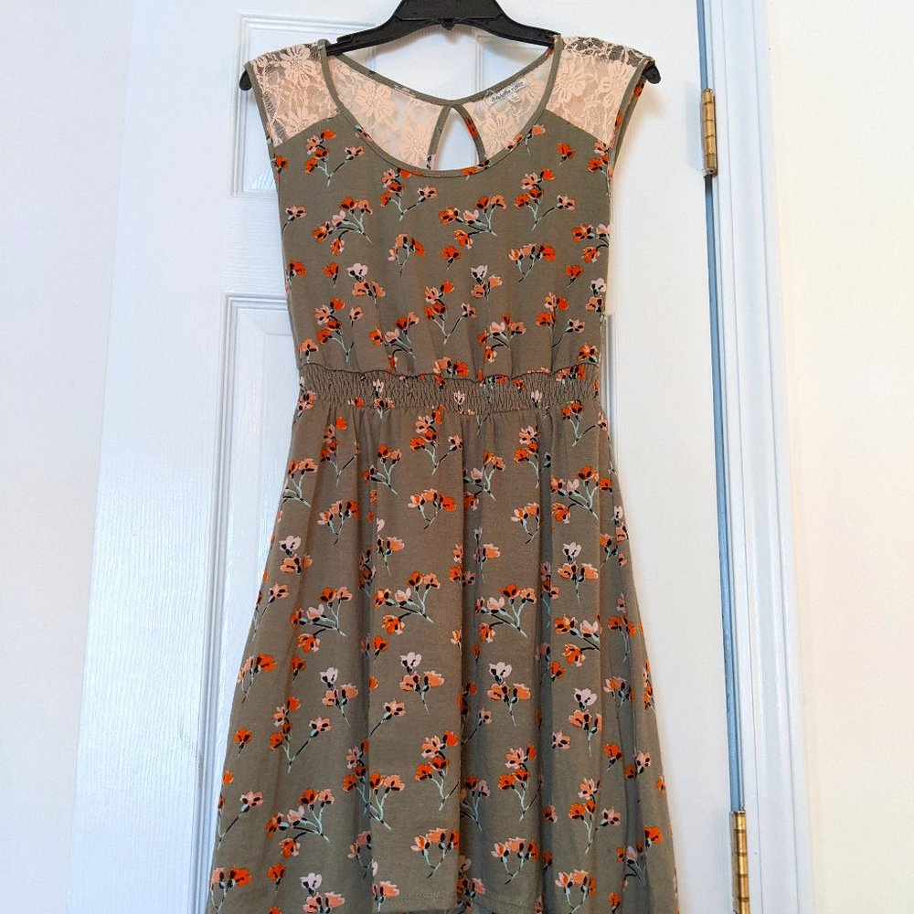 Olive High-Low Dress with Lace and Floral Design